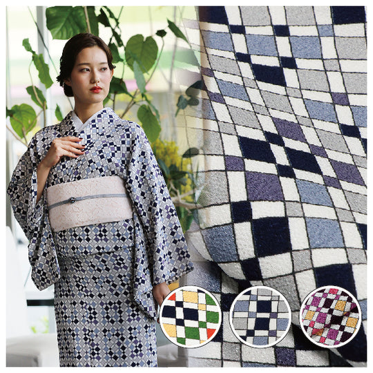 【受注販売】モダン着物 幾何学チェック 洗える着物シリーズ 日本製 <仕立て代込>