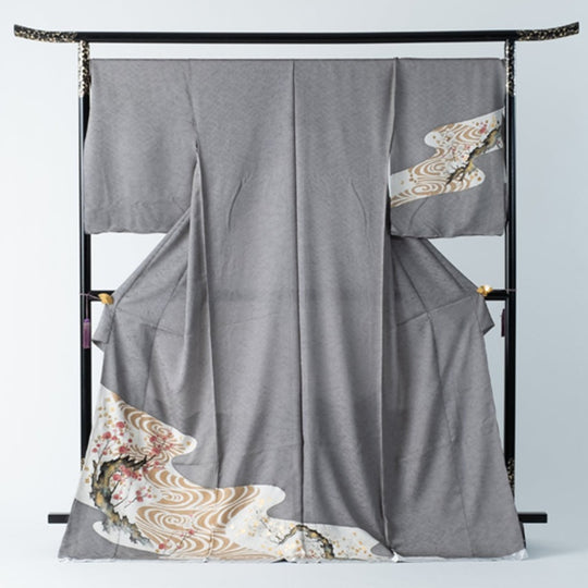 Houmongi Gray Classic Auspicious Paper-marbling Yuzen Formal Party Made-to-order