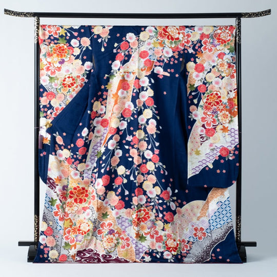 Furisode Blue Aqua Modern Vivid Florals Motifs Ready-made 01010003